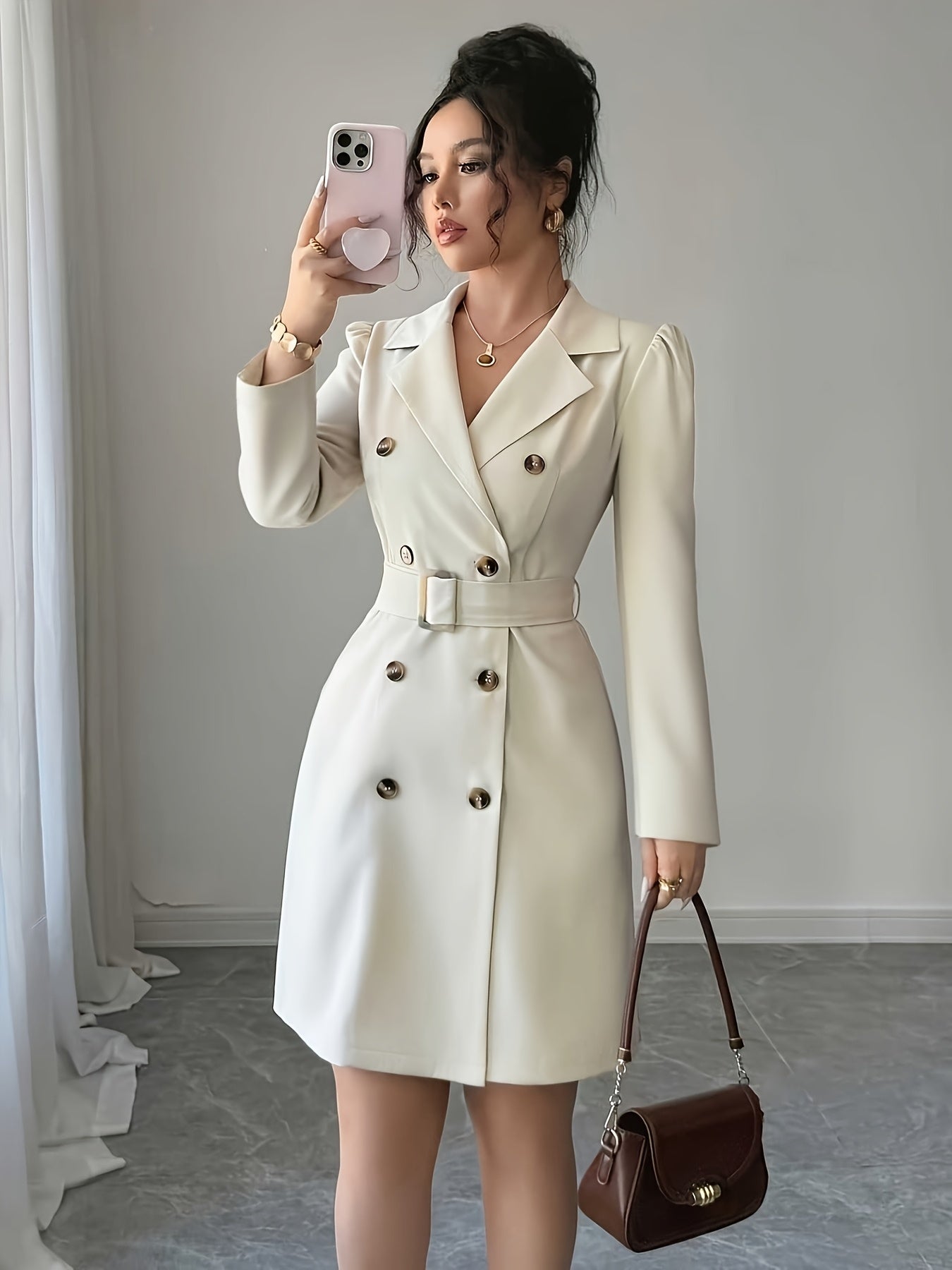 Vestido Social Feminino Elegante com Gola em A - Blazer e Saia de Cor Sólida para Outono/Inverno, Uso Profissional e Formal, Lavável na Máquina, Traje para Escritório, Casamento e Festas - Corte Sob Medida em Silhueta A, Sem Transparência, Código de Vestimenta