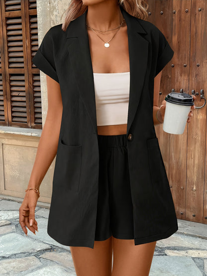 Women's Short Sleeve Open Front Jacket with Notch Collar and Shorts Set