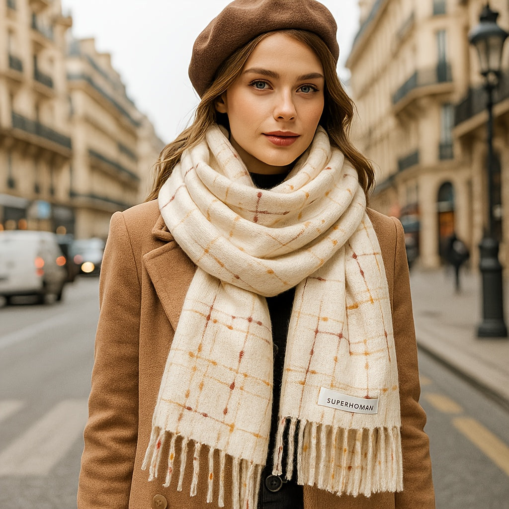 1 Peça Cachecol de Inverno para Mulheres com Forro de Fleece - Xale Grosso Xadrez com Franjas, Tassel Marrom e Bordô, Colar Macio e Quente para Clima Frio, Presente de Natal (Não Elástico, Estilo Europeu) - Bordô/Marrom/Branco