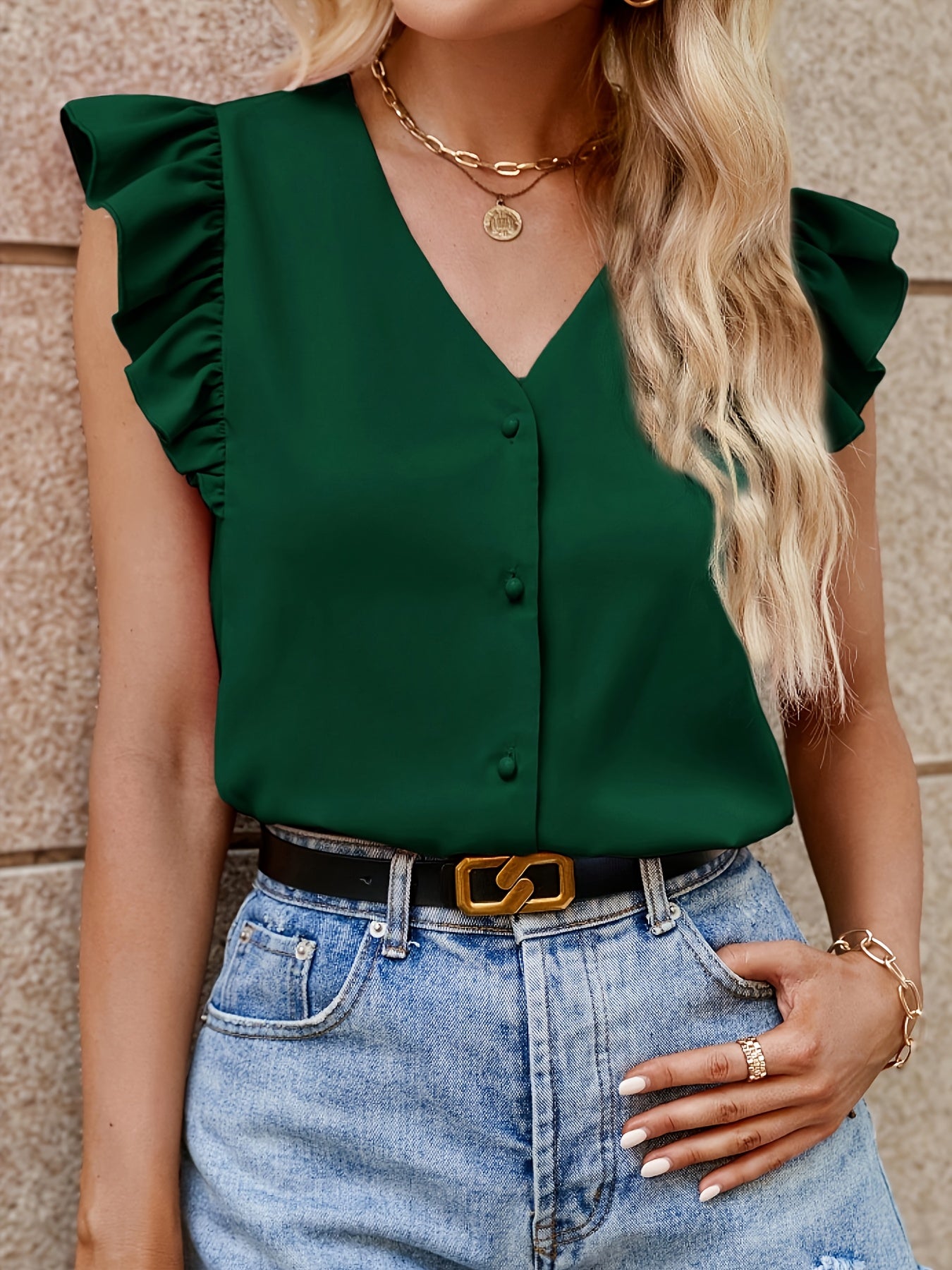 Elegant V-Neck Ruffle Sleeveless Blouse for Women - Chic Solid Green Button-Up Shirt, Perfect for Spring/Summer/Fall, Casual Yet Sophisticated Style