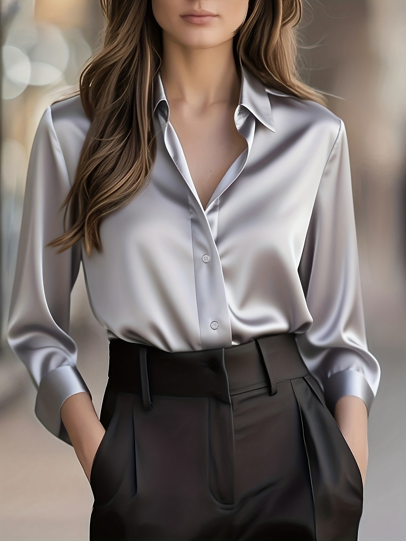 Women'S Elegant Satin Shirt - Long Sleeve Blouse with V-Neck, Button-Front Closure, Office to Party Tops - Soft Satin-like Fabric for Women - Spring/Fall Wardrobe