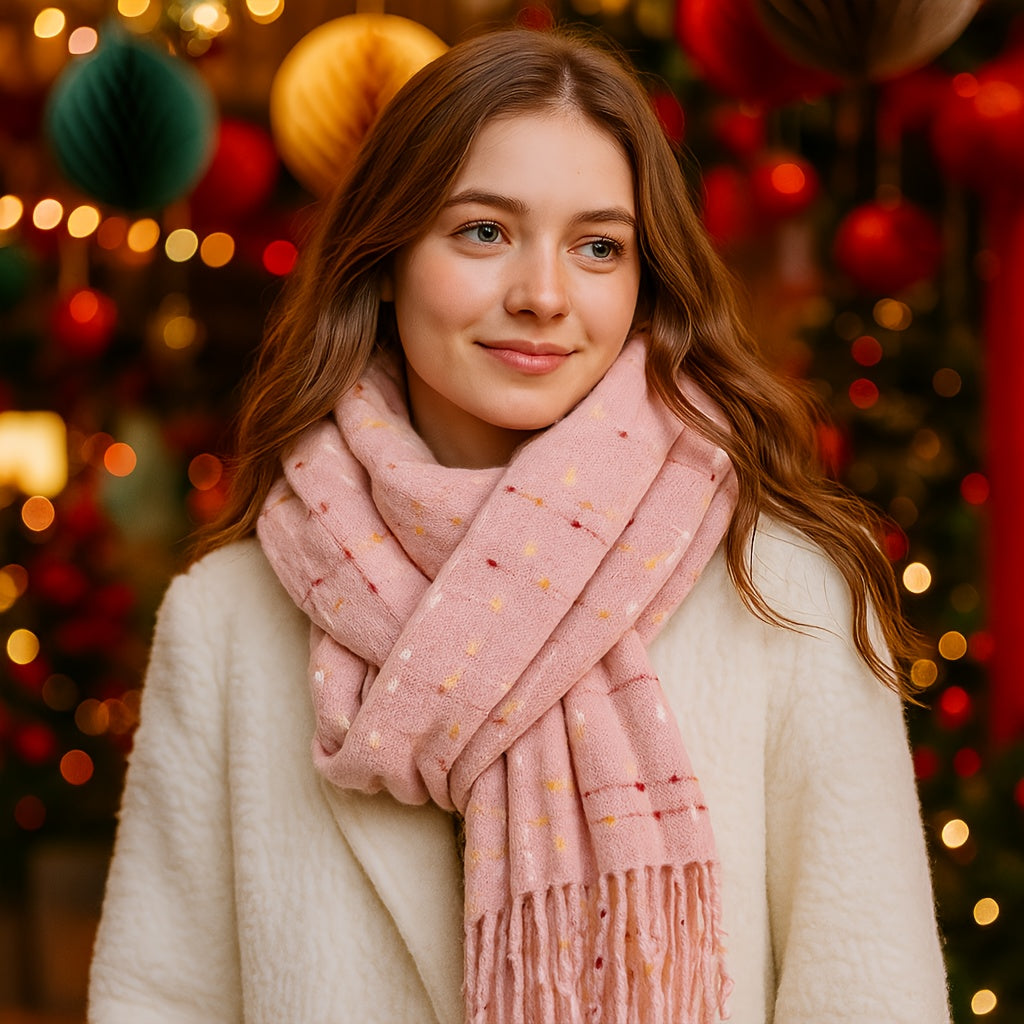 1 Peça Cachecol de Inverno para Mulheres com Forro de Fleece - Xale Grosso Xadrez com Franjas, Tassel Marrom e Bordô, Colar Macio e Quente para Clima Frio, Presente de Natal (Não Elástico, Estilo Europeu) - Bordô/Marrom/Branco