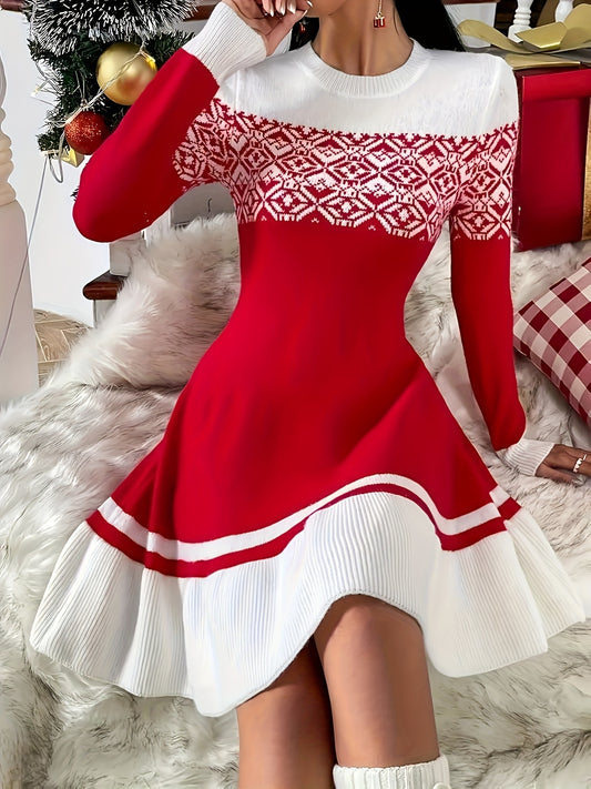 Elegant Winter Sweater Dress – Red Contrast Flared Hem Look