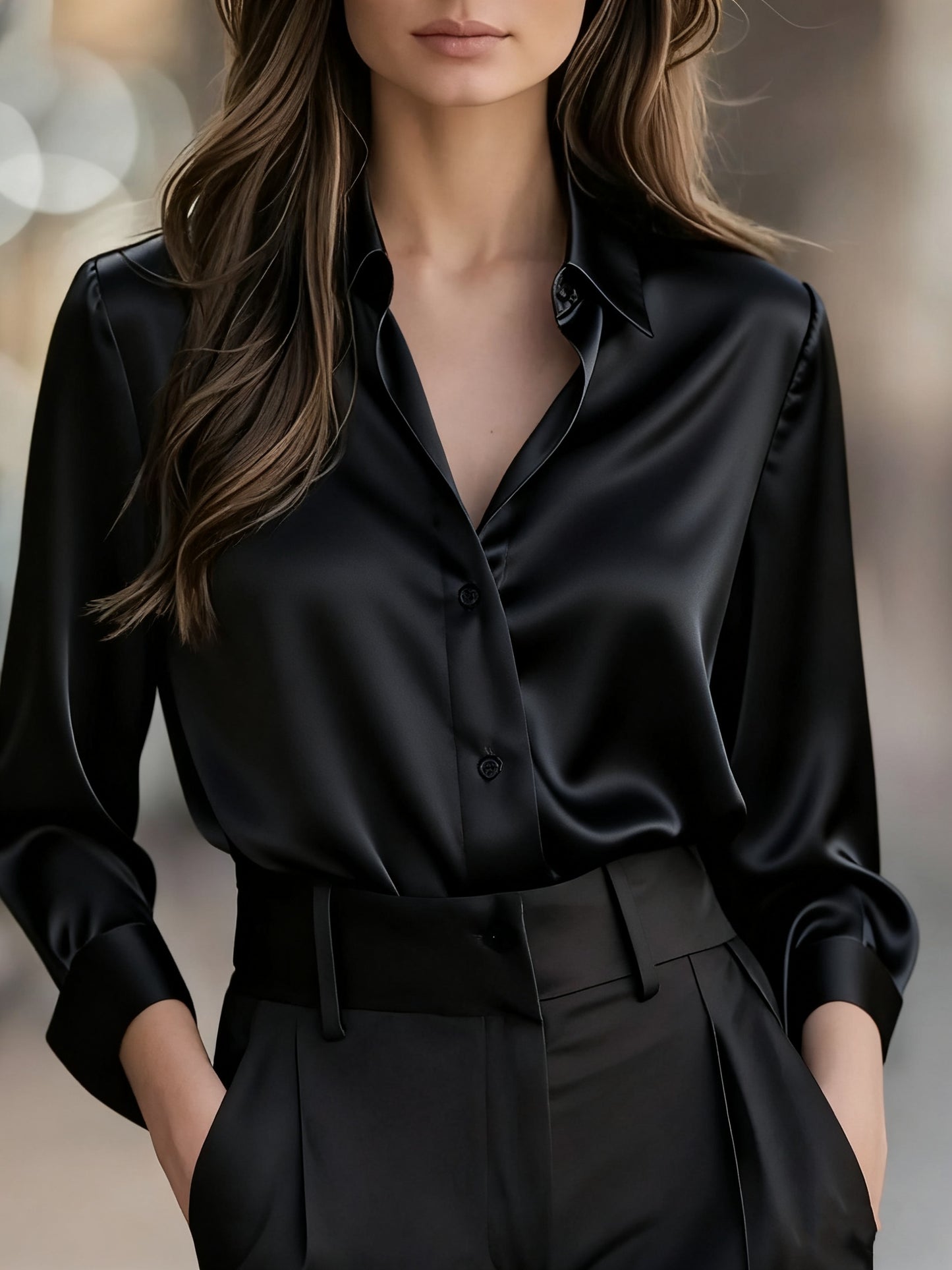 Women'S Elegant Satin Shirt - Long Sleeve Blouse with V-Neck, Button-Front Closure, Office to Party Tops - Soft Satin-like Fabric for Women - Spring/Fall Wardrobe