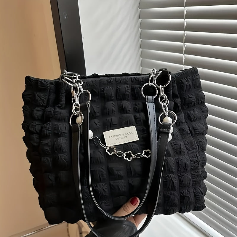 1pc Summer Sweet Clouds Tote Bag for Women - Large Capacity Shoulder Bag with Zipper Closure, Polyester Lining, 4 Colors (White/Pink/Green/Black), City Theme Design, Perfect for Commuting & Outings