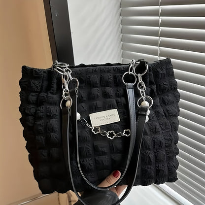 1pc Summer Sweet Clouds Tote Bag for Women - Large Capacity Shoulder Bag with Zipper Closure, Polyester Lining, 4 Colors (White/Pink/Green/Black), City Theme Design, Perfect for Commuting & Outings