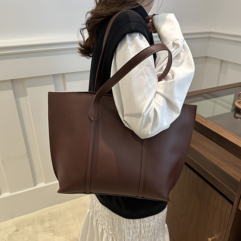 Women'S Large Capacity Tote - Elegant Minimalist Hand with Golden-Tone Hardware & Buckle Closure, Fixed Strap & Detachable Strap, Golden-Tone Hardware, Versatile For Work, Travel