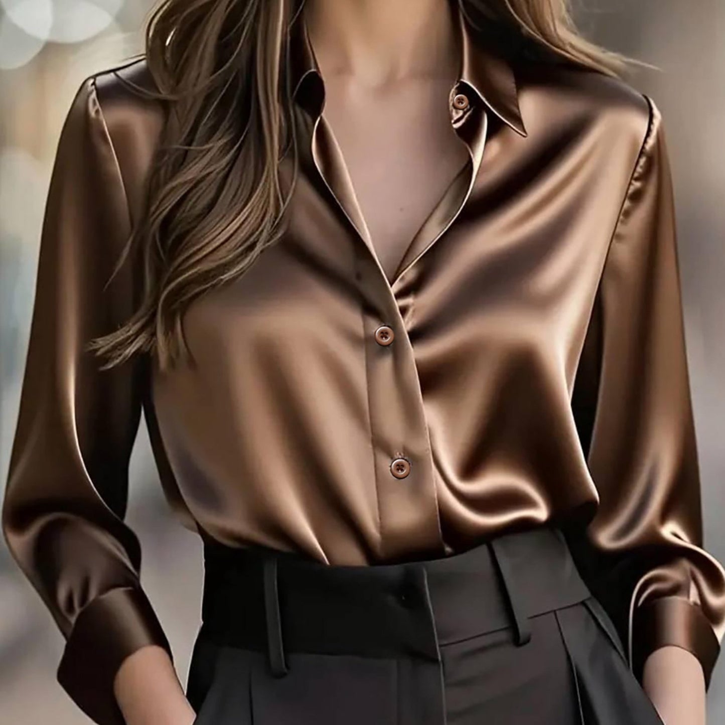 Elegant Satin Blouse - V-Neck Long Sleeve Top