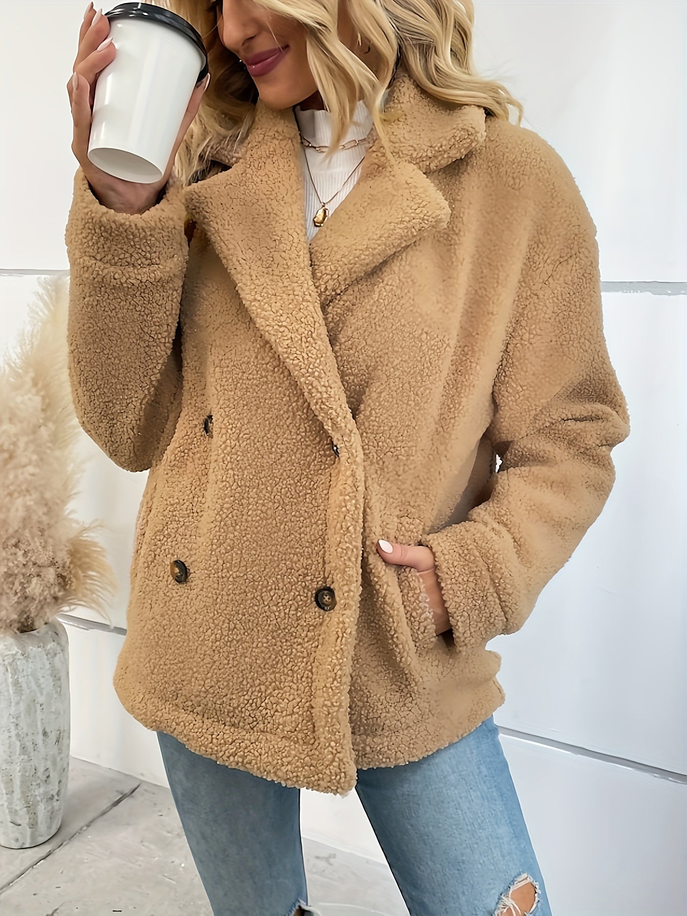 Women'S Cozy Fleece-Lined Cardigan with Button-Up Collar & Pockets - Casual Long Sleeve Outerwear in Solid Color, Perfect for Fall/Winter, Cozy Fall Wear | Buttonup Cardigan | Plush Texture