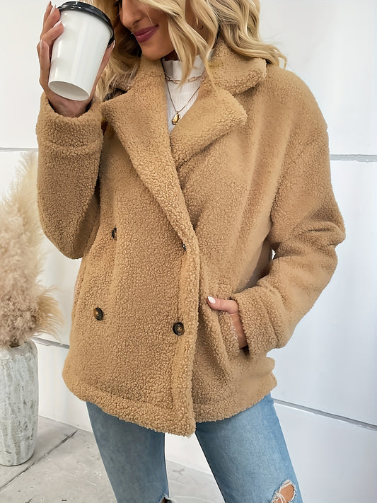 Women'S Cozy Fleece-Lined Cardigan with Button-Up Collar & Pockets - Casual Long Sleeve Outerwear in Solid Color, Perfect for Fall/Winter, Cozy Fall Wear | Buttonup Cardigan | Plush Texture