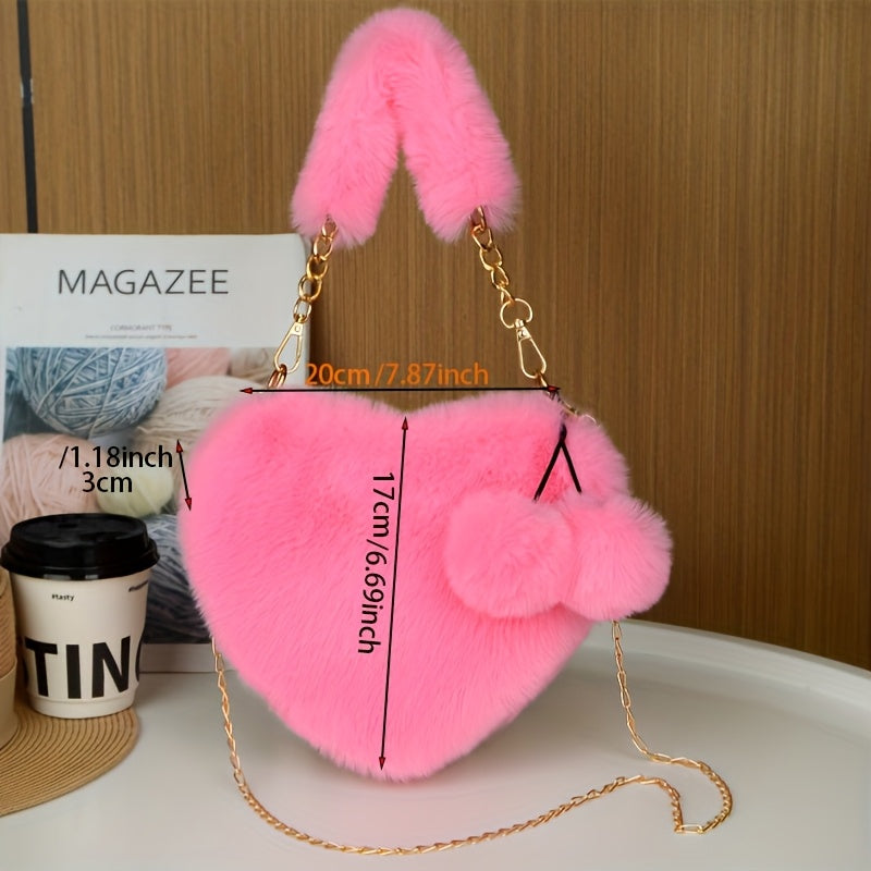 Women's Plush Heart-Shaped Shoulder Bag with Fluffy Pom-Pom Accent - Soft Imitation Fur Handbag, Zipper Closure & Wrist Strap, Cozy Winter Bag in Beige/Pink/White/Red/Black, Versatile for Everyday & Special Occasions