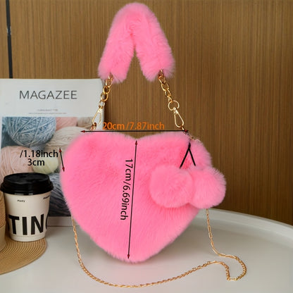 Women's Plush Heart-Shaped Shoulder Bag with Fluffy Pom-Pom Accent - Soft Imitation Fur Handbag, Zipper Closure & Wrist Strap, Cozy Winter Bag in Beige/Pink/White/Red/Black, Versatile for Everyday & Special Occasions