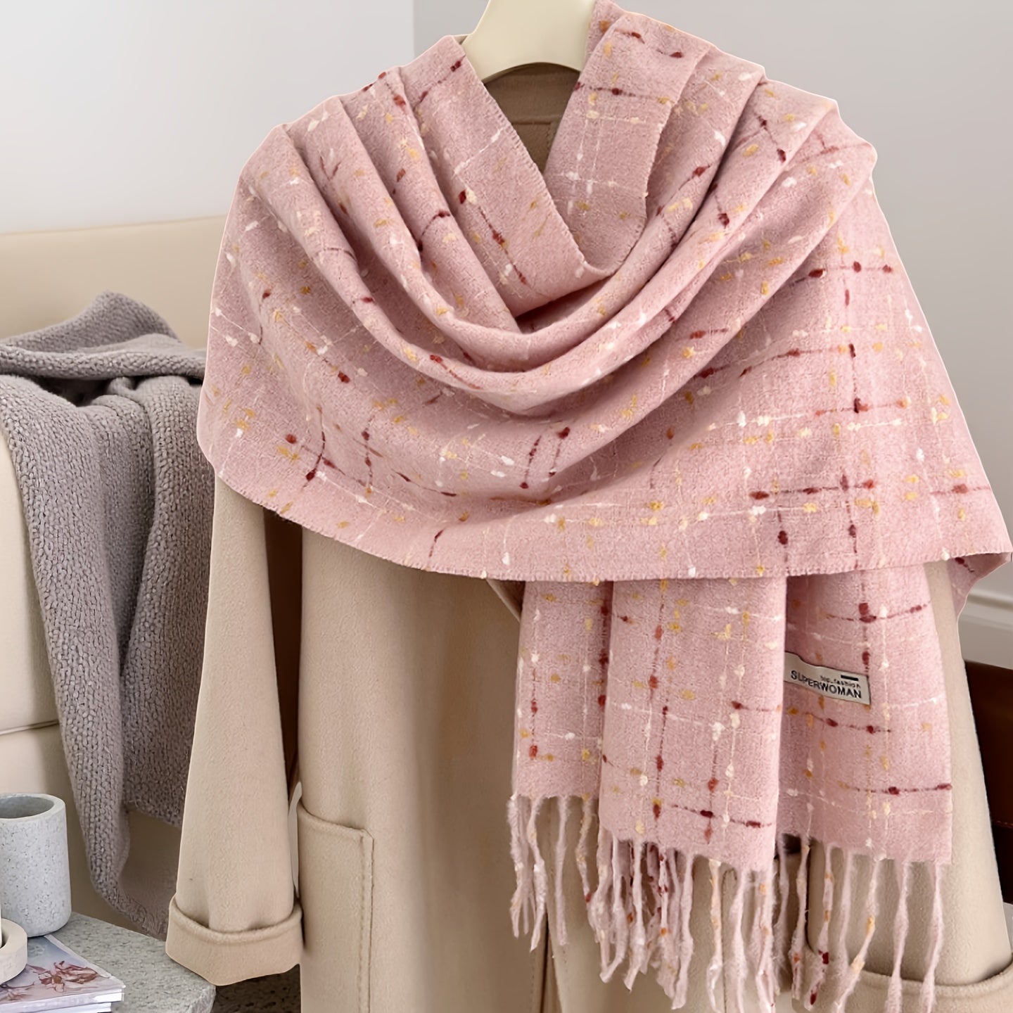 1 Peça Cachecol de Inverno para Mulheres com Forro de Fleece - Xale Grosso Xadrez com Franjas, Tassel Marrom e Bordô, Colar Macio e Quente para Clima Frio, Presente de Natal (Não Elástico, Estilo Europeu) - Bordô/Marrom/Branco