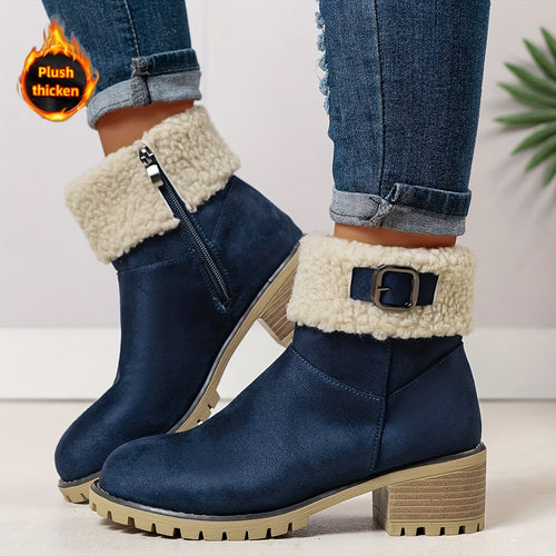 MZMQS Women'S Cozy Fleece-Lined Chunky Heel Ankle Boots - Round Toe Zipper Closure, Thick Warm Winter Boots with Thick Sole for Casual Outings, Brown, Winter Footwear | Chunky Heel Boots | Zipper Closure Boots