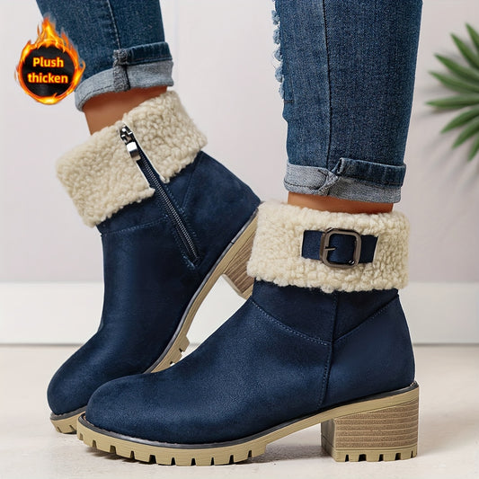 MZMQS Women'S Cozy Fleece-Lined Chunky Heel Ankle Boots - Round Toe Zipper Closure, Thick Warm Winter Boots with Thick Sole for Casual Outings, Brown, Winter Footwear | Chunky Heel Boots | Zipper Closure Boots