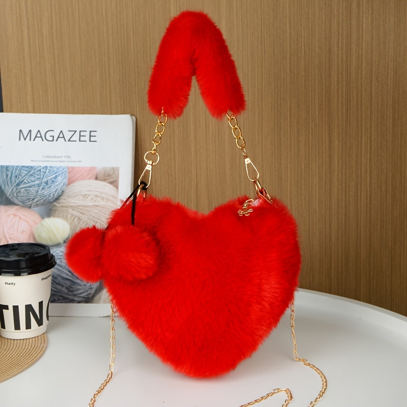 Women's Plush Heart-Shaped Shoulder Bag with Fluffy Pom-Pom Accent - Soft Imitation Fur Handbag, Zipper Closure & Wrist Strap, Cozy Winter Bag in Beige/Pink/White/Red/Black, Versatile for Everyday & Special Occasions