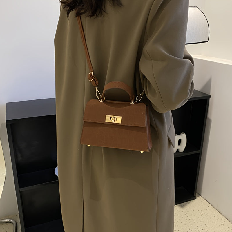Women'S Elegant Retro Handbag & Crossbody Bag - Glossy / Brown/ Golden-Tone -like Texture, Golden-Tone Hardware & Turn-Lock Closure, Compact Mini Purse For Everyday, Purse, Crossbody Purse For Women, Handbag For Women, Designer Handbag For Women