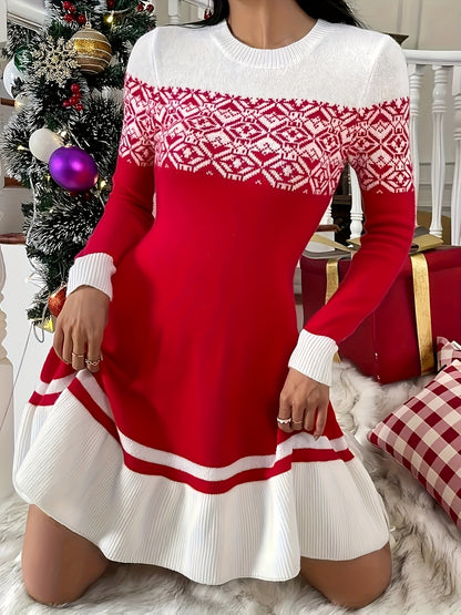 Elegant Winter Sweater Dress – Red Contrast Flared Hem Look