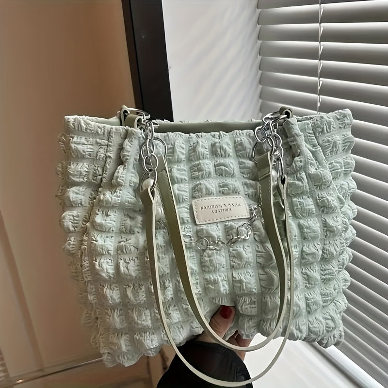 1pc Summer Sweet Clouds Tote Bag for Women - Large Capacity Shoulder Bag with Zipper Closure, Polyester Lining, 4 Colors (White/Pink/Green/Black), City Theme Design, Perfect for Commuting & Outings