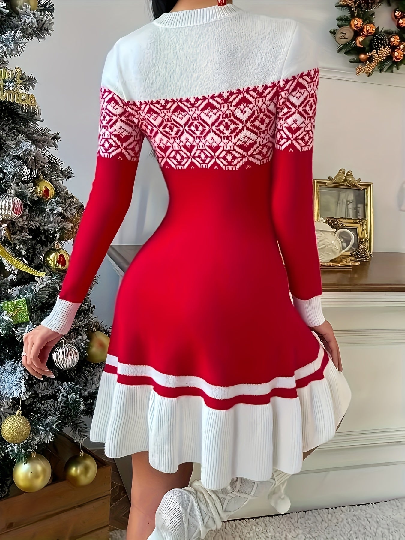 Elegant Winter Sweater Dress – Red Contrast Flared Hem Look