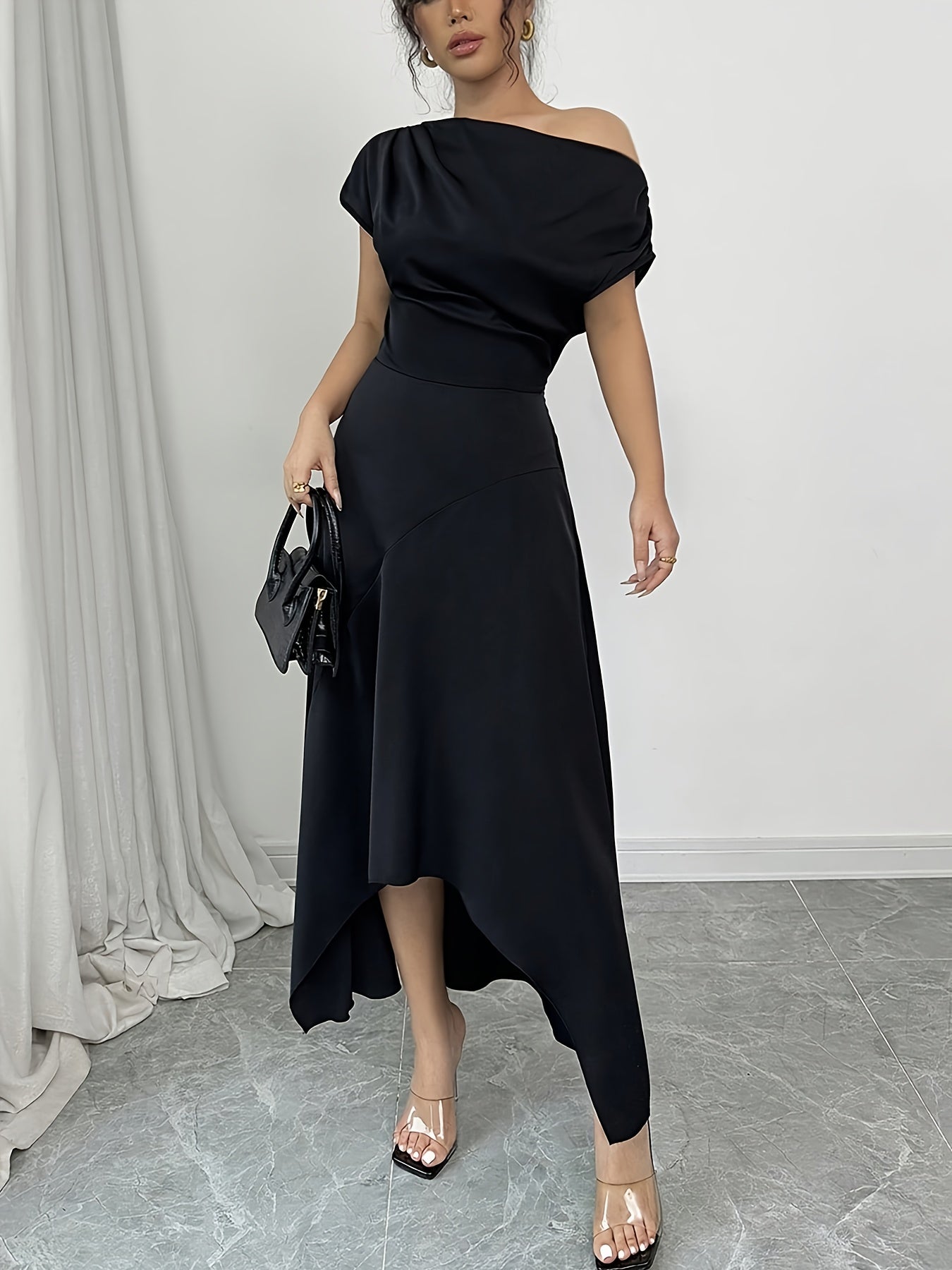 YY0309283 Premium One-Shoulder Dress for Women – Eye-Catching Irregular Hemline in Black