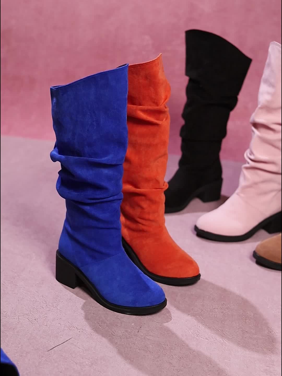 Women'S Chunky Heel Ankle Boots - Stylish Mid-Calf Black Boots with Ruffled Cuff, Slip-On Design, Fabric Upper & TPR Sole for All Seasons, Allseason Boots|Ruffled Cuff Boots|Fabric Upper Boots