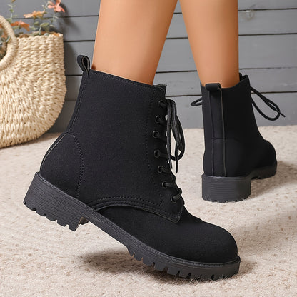 Women'S British Style Black High-Top Ankle Boots - Casual Winter Lace-Up Short Boots with Flat Rubber Sole, Round Toe & Fabric Upper for Casual Attire, Winter Boots, Round Toe Design, Durable Rubber Sole