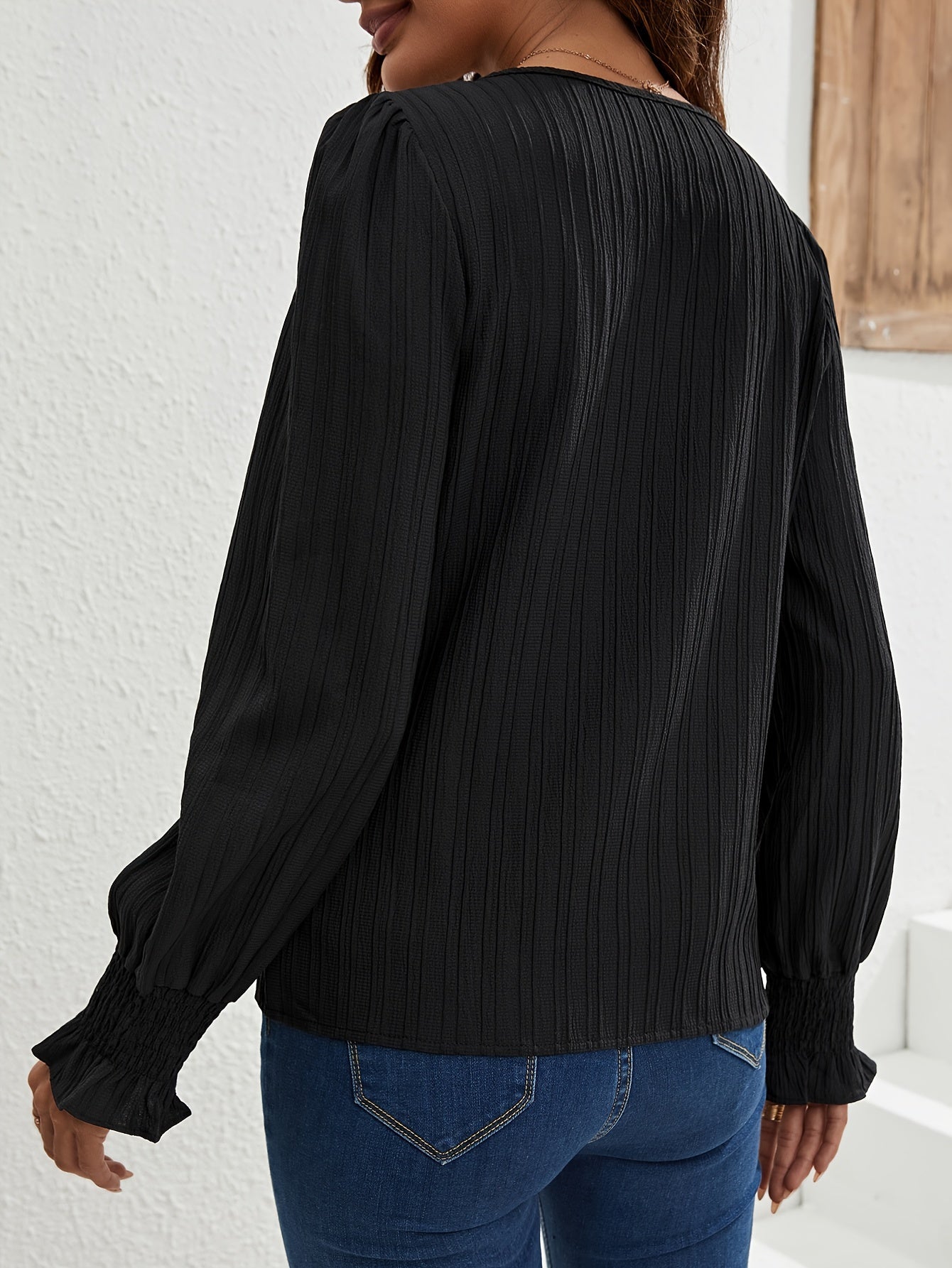 Stripe Textured V Neck Blouse, Casual Shirred Cuff Long Sleeve Blouse For Spring & Fall, Women's Clothing