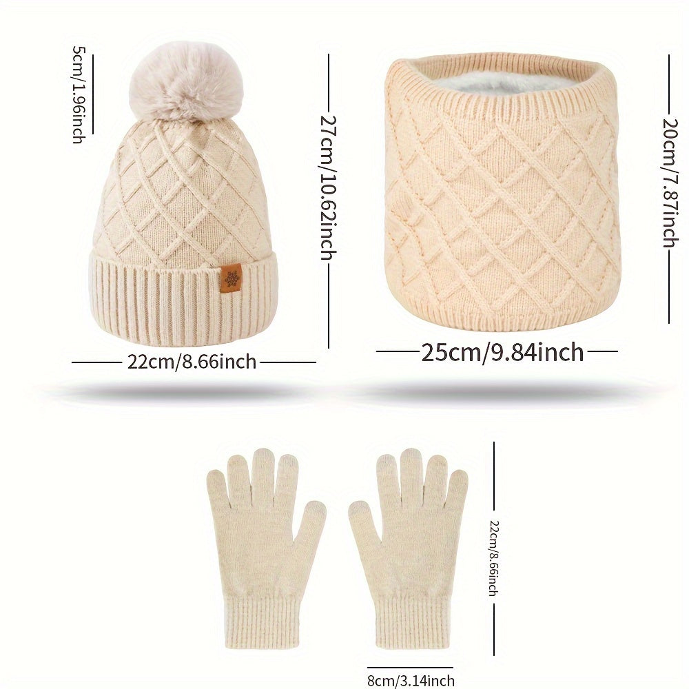 Conjunto de 3 peças para adolescentes: gorro, luvas e cachecol tricotados de inverno, proteção contra vento, touca sem aba, lenço quente, luvas touchscreen - ideal para encontros ao ar livre, festas e presentes de Natal
