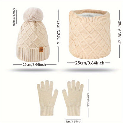 Conjunto de 3 peças para adolescentes: gorro, luvas e cachecol tricotados de inverno, proteção contra vento, touca sem aba, lenço quente, luvas touchscreen - ideal para encontros ao ar livre, festas e presentes de Natal