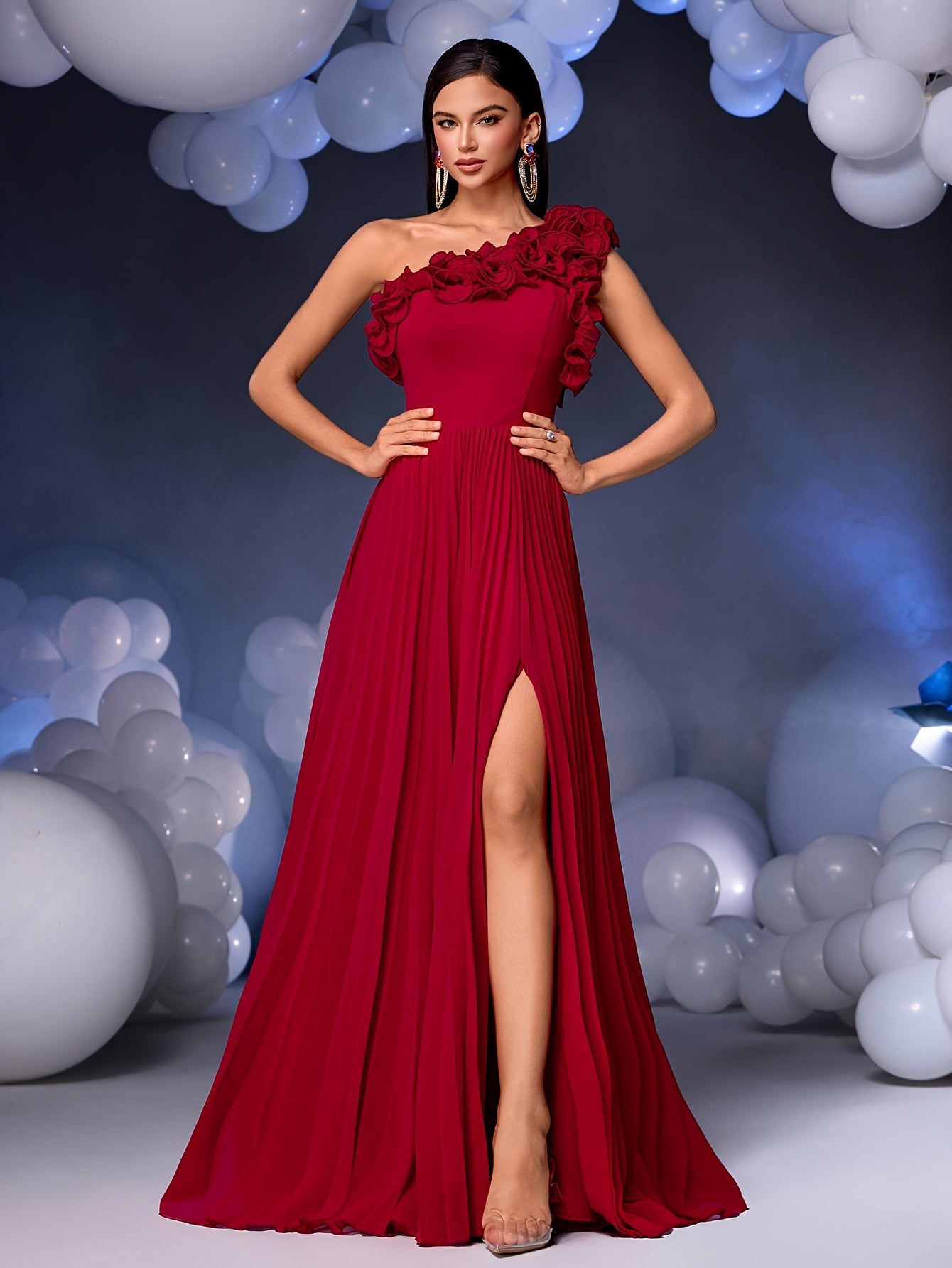 Elegant Wine Red One-Shoulder Pleated Maxi Dress for Women - Sleeveless, Backless, Floor-Length Party & Evening Gown with Belt Detail, Fitted Silhouette, All-Season Wear, Formal Evening Wear | Sophisticated Style | Sophisticated Craftsmanship