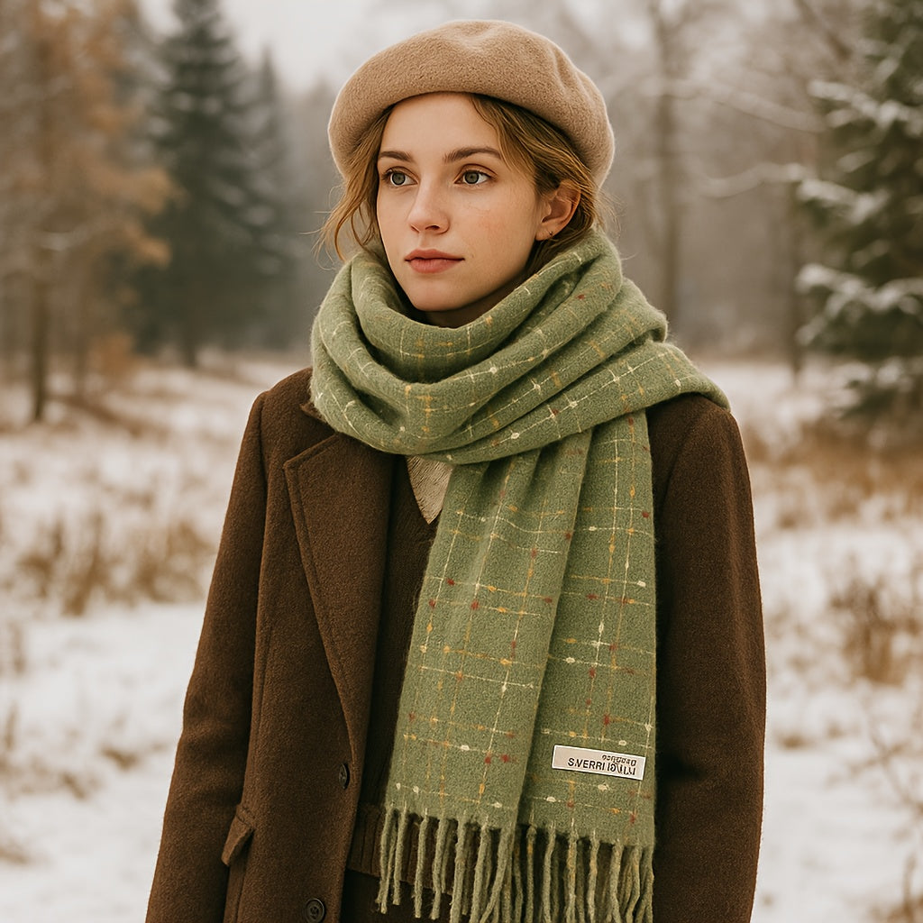 1 Peça Cachecol de Inverno para Mulheres com Forro de Fleece - Xale Grosso Xadrez com Franjas, Tassel Marrom e Bordô, Colar Macio e Quente para Clima Frio, Presente de Natal (Não Elástico, Estilo Europeu) - Bordô/Marrom/Branco