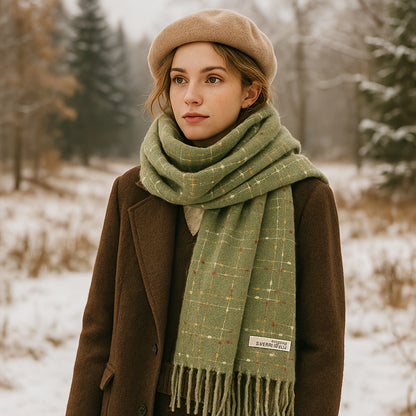 1 Peça Cachecol de Inverno para Mulheres com Forro de Fleece - Xale Grosso Xadrez com Franjas, Tassel Marrom e Bordô, Colar Macio e Quente para Clima Frio, Presente de Natal (Não Elástico, Estilo Europeu) - Bordô/Marrom/Branco