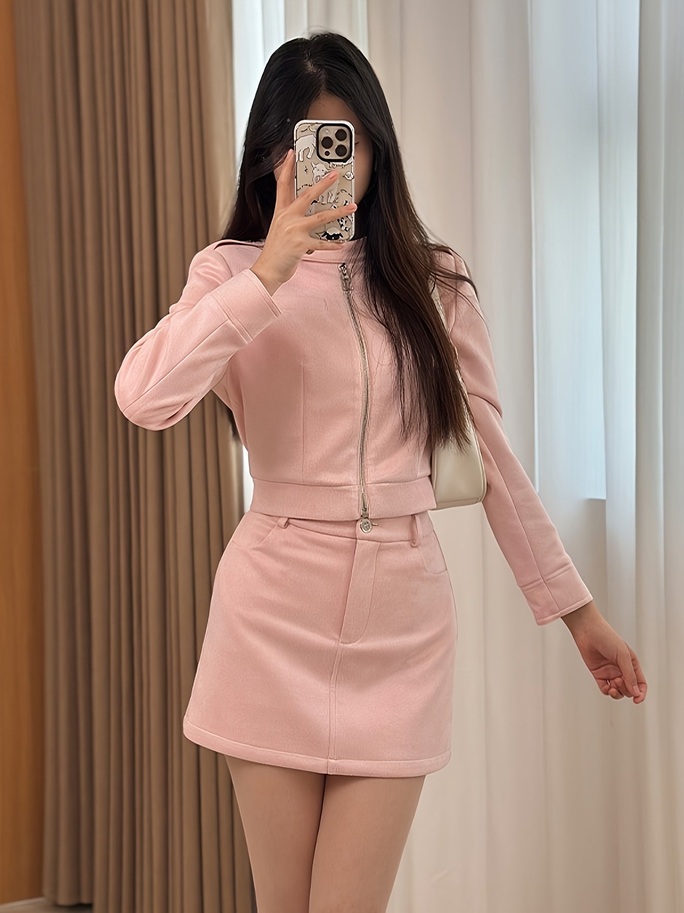 Brown Biker Style Women's Set: Short Zip-Up Jacket + High-Waisted A-Line Skirt with Zipper, Slimming Retro Two-Piece Outfit for Autumn/Winter