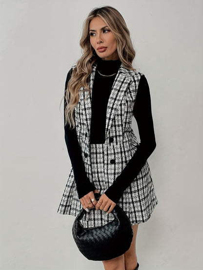 Elegant Plaid Vest & Skirt Set – Double-Breasted Winter Look