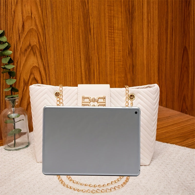 Lightweight PU Elegant White Shoulder Bag with Quilted Pattern, Detachable Chain Strap, Magnetic Closure, Polyester Lined, Hand Washable - Versatile Daily Carry Cosmetic Bag