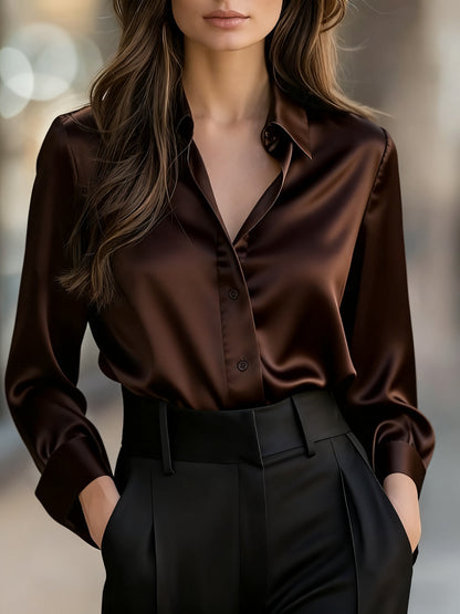 Women'S Elegant Satin Shirt - Long Sleeve Blouse with V-Neck, Button-Front Closure, Office to Party Tops - Soft Satin-like Fabric for Women - Spring/Fall Wardrobe