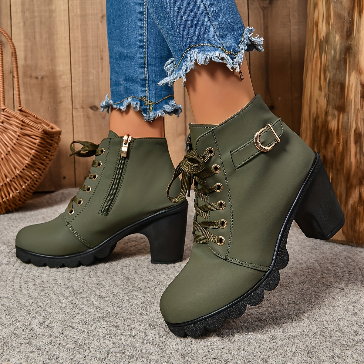 Women'S Chunky Heel Ankle Boots - Casual Lace-Up with Side Zipper, Round Toe PU Cover Boots in Black, Brown, Olive Green, and Burgundy, Comfortable Fabric Lining for All-Season Wear, Versatile Footwear | Chunky Heel Boots | Durable PU Cover