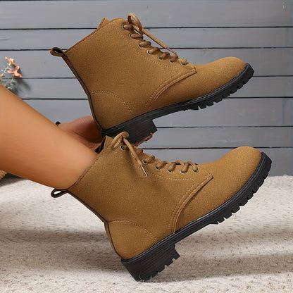 Women'S British Style Black High-Top Ankle Boots - Casual Winter Lace-Up Short Boots with Flat Rubber Sole, Round Toe & Fabric Upper for Casual Attire, Winter Boots, Round Toe Design, Durable Rubber Sole