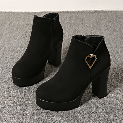Vintage Style Platform High Heel Ankle Boots with Metal Heart Decoration, Fashionable Versatile Sweet-Cool High Heels, Thick Platform Chunky Heel, Metal Heart Buckle, Convenient Zipper Design, Runs Small One Size