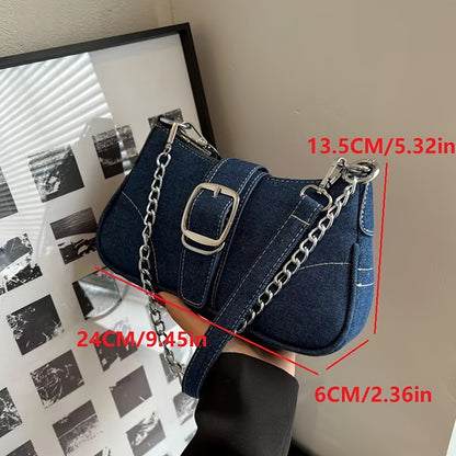 Women'S Denim Shoulder Bag with Chain Strap - Stylish Blue Crossbody Bag, Zipper Closure, Polyester Lining, Perfect for Casual or Fashionable Outfits, Casual Shoulder Bag | Denim Crossbody Bag | Zipper Closure Bag