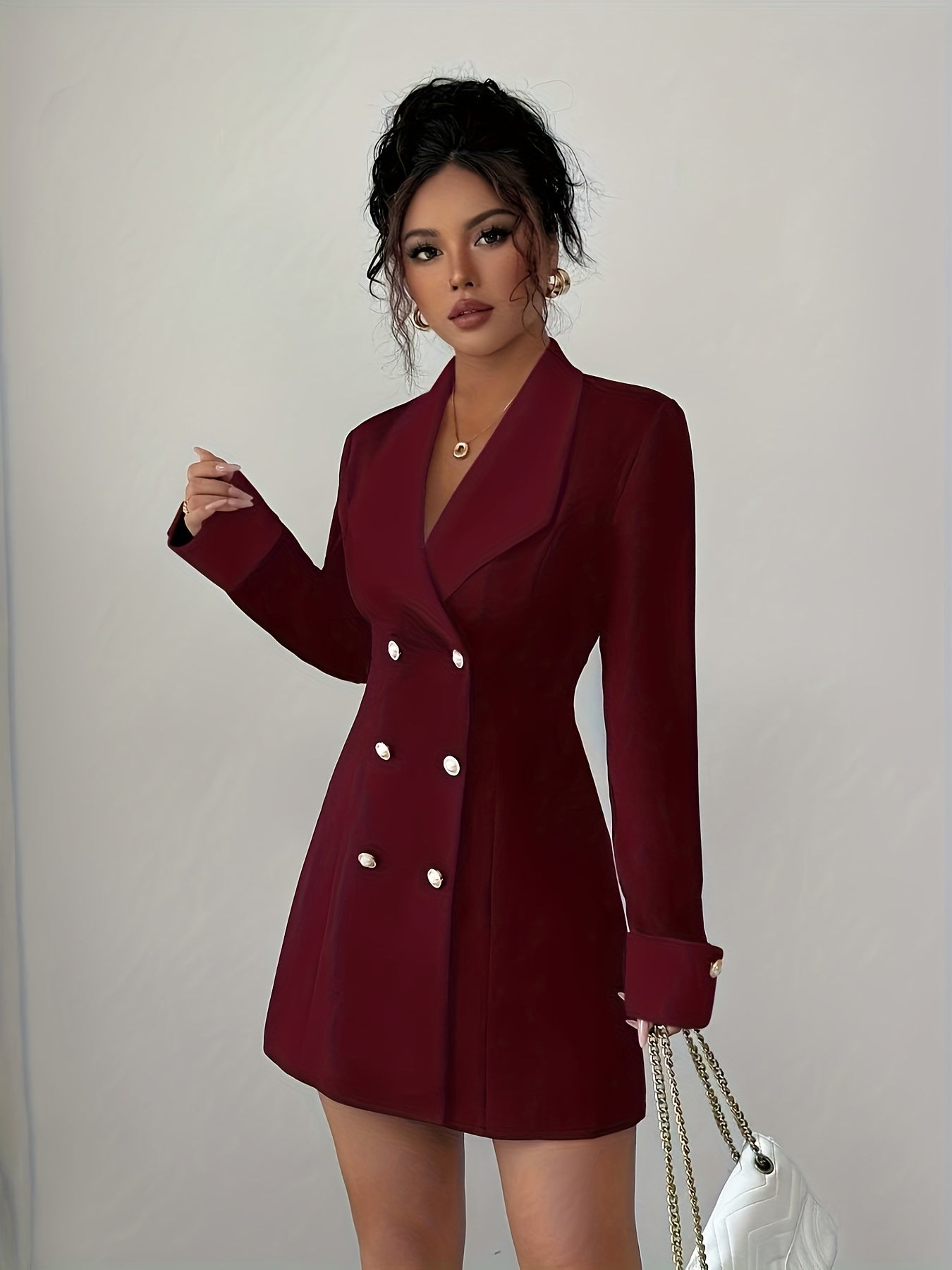 Vestido Curto Feminino de Outono Estilo Francês Elegante com Botões Duplos na Frente para Festas Noturnas/Encontros de Irmãs/Noite Fora/Encontros/Dia a Dia e Uso Diário