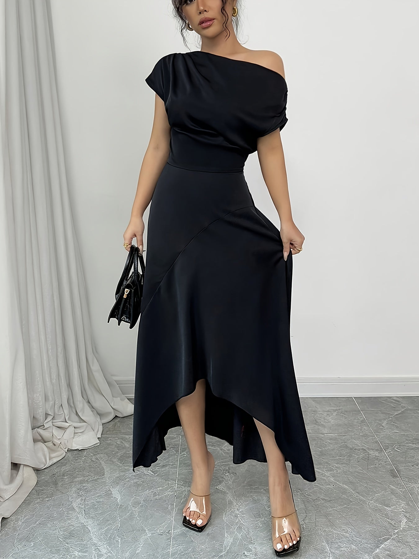 YY0309283 Premium One-Shoulder Dress for Women – Eye-Catching Irregular Hemline in Black