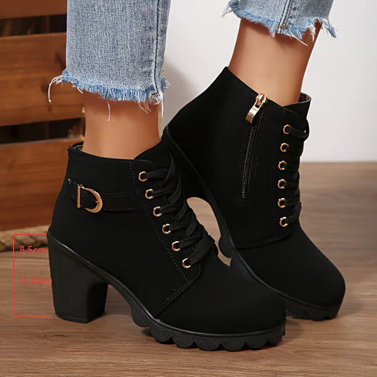 Women'S Comfortable Elegant Outdoor Lace-Up High Heels with Chunky Heel Side Zipper High Heel Ankle Boots, Solid Color, All-Season, Plain Toe, Faux Cover, Fabric Inner and Insole, Hand Washable, Casual Dress Shoes | Laceup Ankle Boots | Faux Cover Boots