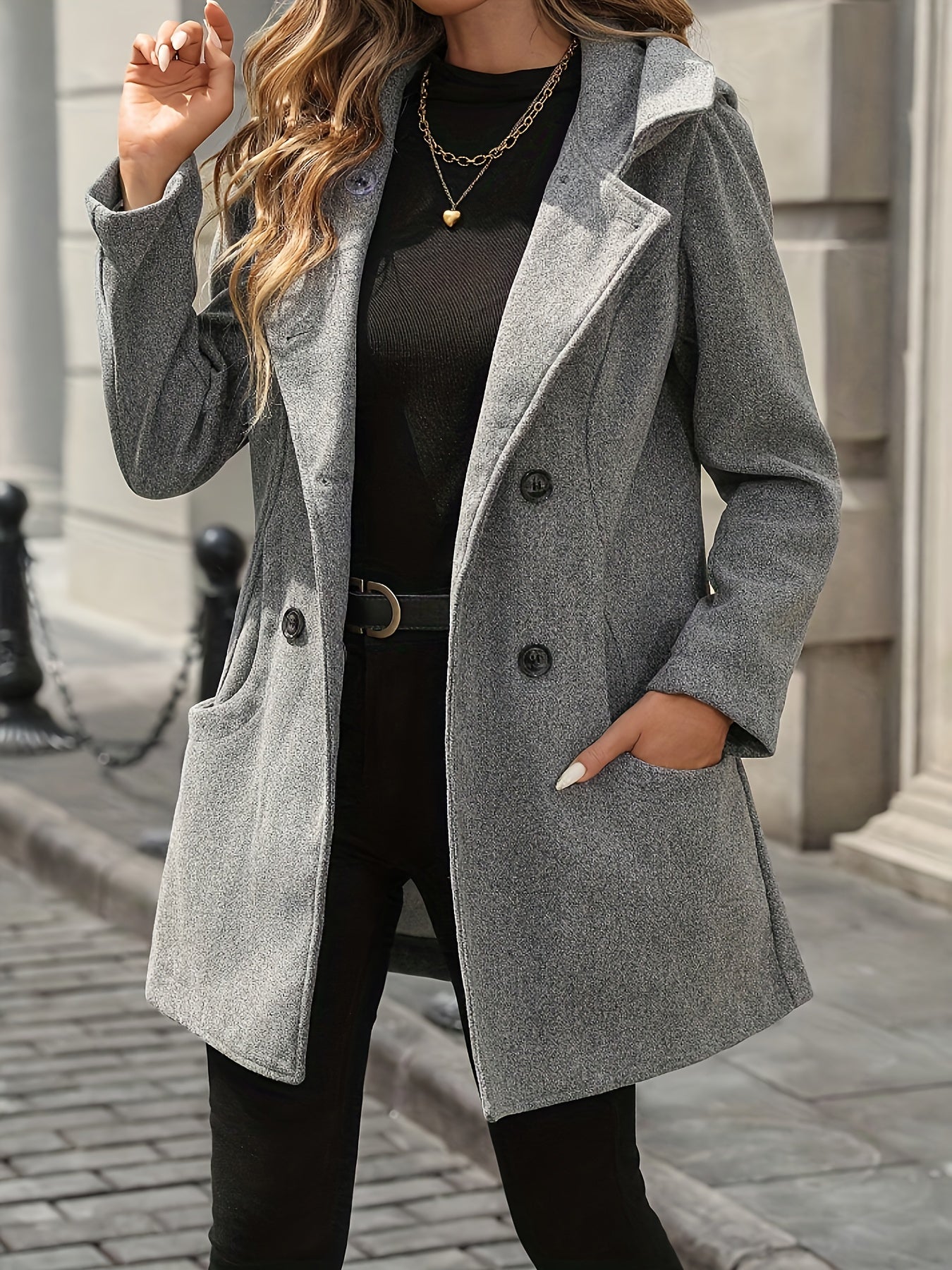 Casaco Elegante de Inverno para Mulheres com Gola Dupla - Jaqueta Comprida e Capuz, Botões Estruturados em Estilo Pied-de-poule (Sem Padrão), Lavável à Mão, Ídeal para Eventos Formais & Clima Frio (Cinza)