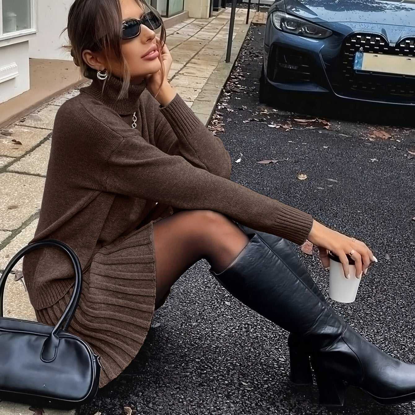 Chic Two-Piece Set: High Neck Top & Pleated Skirt