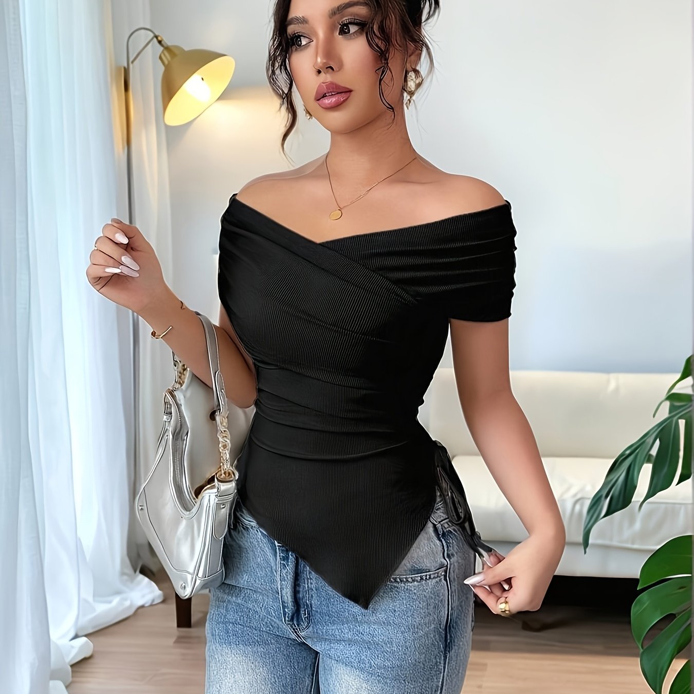 Chic Y2K Asymmetrical Off-Shoulder Top - Black