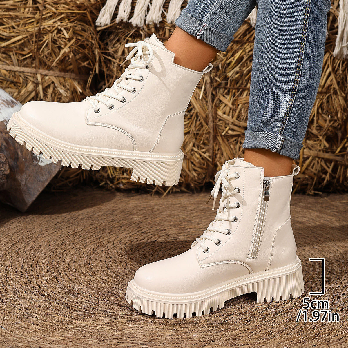 Women'S Chunky Platform Boots - Thick Platform Sole for Height & Stability, Zipper Closure, Synthetic Cover Upper - All-Season Everyday & Formal Boots - Non-Slip Rubber Outsole - Easy-Clean Shoes for Women, Versatile Footwear, Modern Footwear, Durable Construction, Fashionconscious Buyers, Casual Wear, Trendy Footwear, Sturdy Construction, Office Wear, Gothic Boots For Women, Platform Boots For Women, White Gothic Boots, Bootie, Beige Purse And Booties, Beige Moccasin Boots For Women
