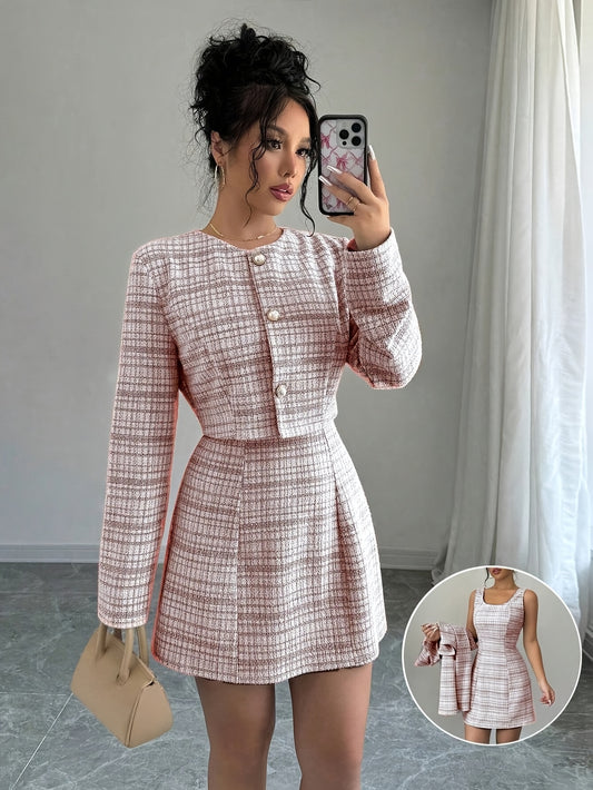 Women'S Elegant Office to Party Outfit - Chic Blazer & Dress Set, Button-Front Closure, Long Sleeve, Flattering Fit for Everyday & Formal Events - Spring/Fall Wardrobe