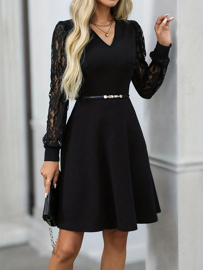 Vestido Elegante de Renda Preta para Mulheres com Mangas de Renda Contrastante e Cintura Marcada - Modelo A - Comprimento para Convidada de Casamento, Vestido de Festa Ajustado para Baile, Gala e Uso Durante Todo o Ano (Lavável na Máquina)